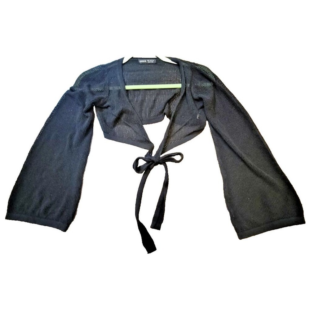 Womens Cropped Cardigan Sweater Med. Black Mesh Knit Bell Sleeve Tie Whimsigoth